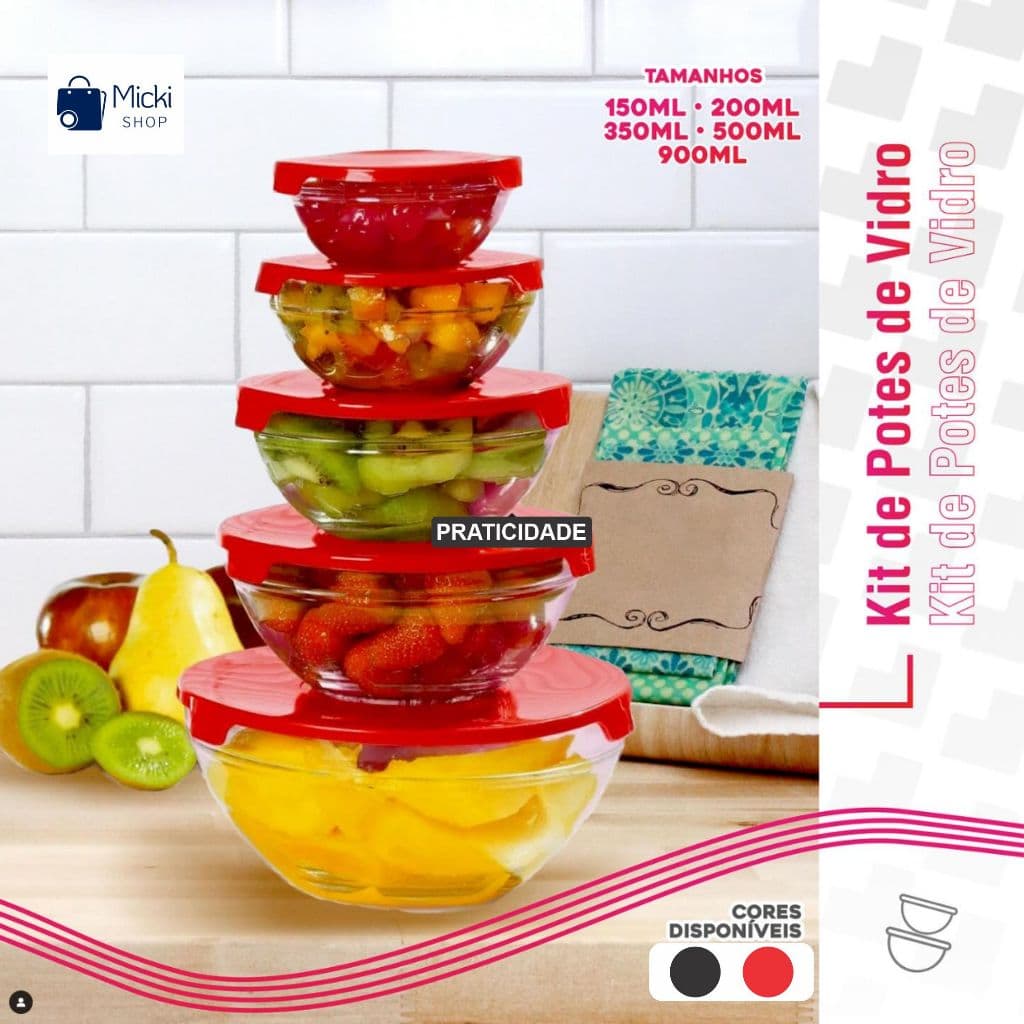 Kit 5 Potes Tigela Vidro Tampa Marmita Conservar Alimentos Organizadores Cozinha Geladeira Dispensa