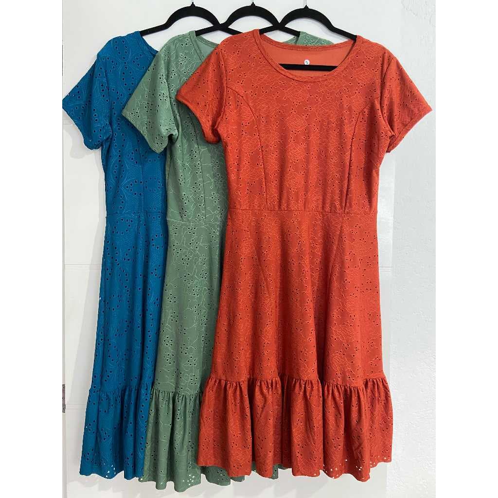 Vestido Midi Casual Com Forro e Manga Curta Lese de Malha