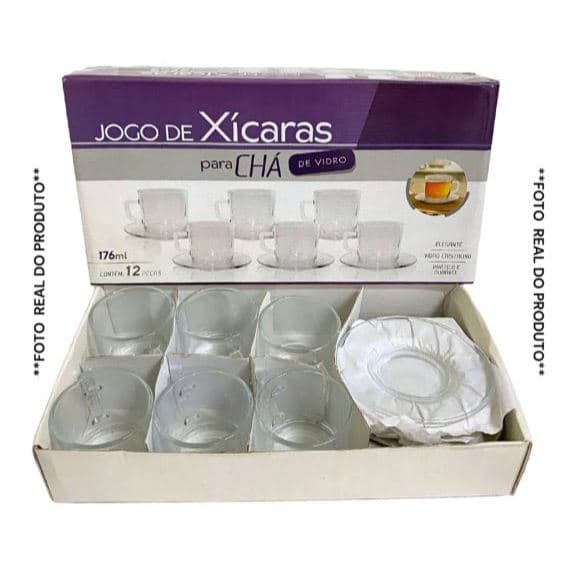 Jogo de Xícaras de Vidro com Pires 12 Peças - 6 Xícaras + 6 Pires Lotus 176ml p/ Café Chá Cappuccino
