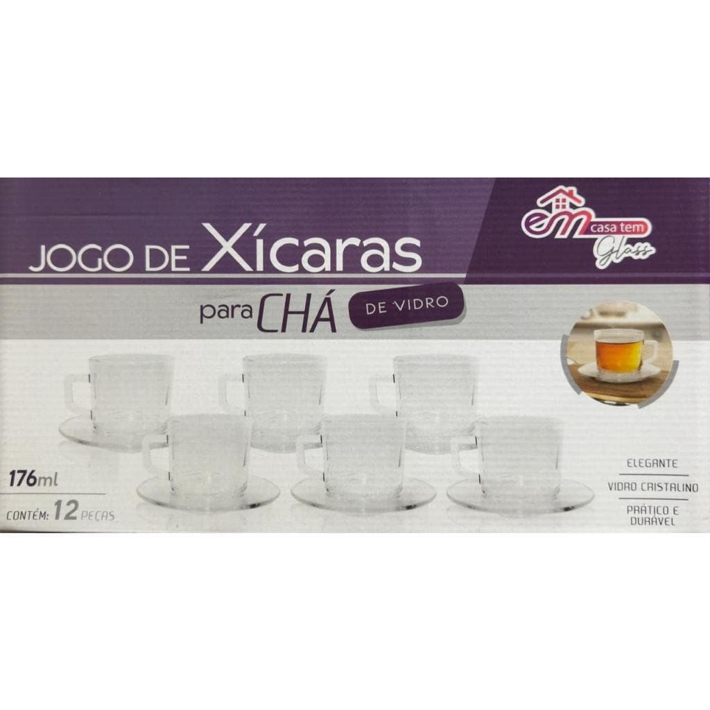 Jogo de Xícaras de Vidro com Pires 12 Peças - 6 Xícaras + 6 Pires Lotus 176ml p/ Café Chá Cappuccino