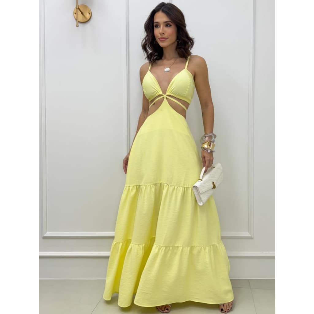 Vestido Longo Com Abertura Lateral Alças Finas Com Regulagem