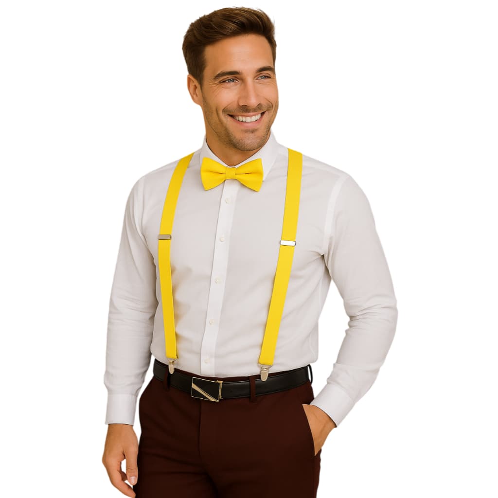 kit suspensórios com gravata adulto borboleta ajustavel amarelo