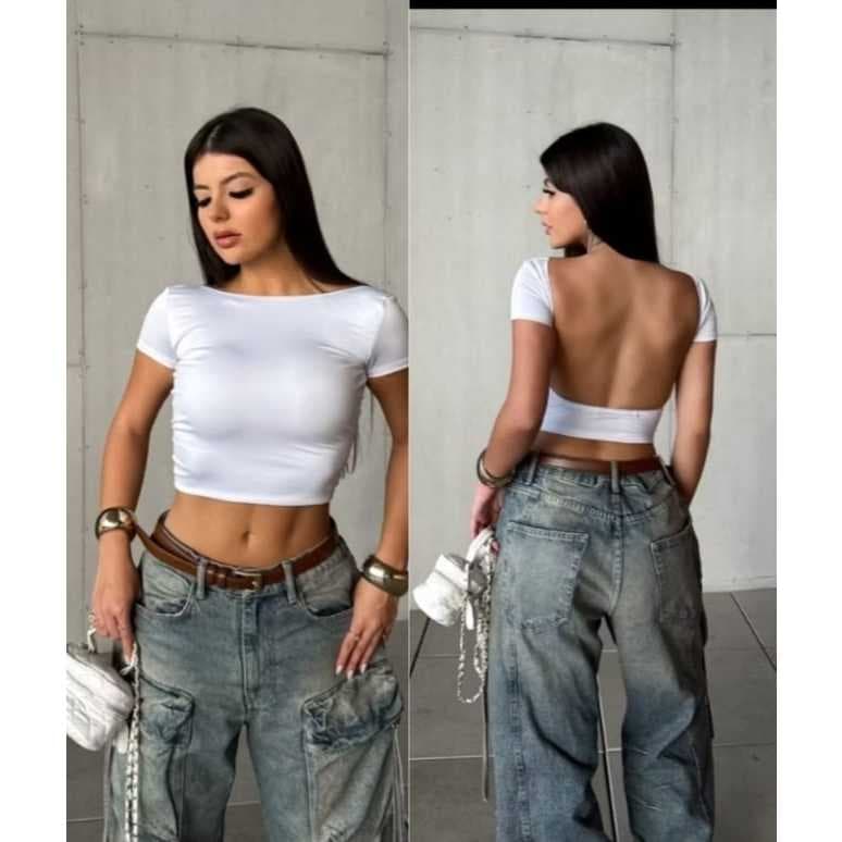 Cropedd Feminino Costa Nua Suplex Ombro a Ombro Manga Corta Baby Tee Liso Casual