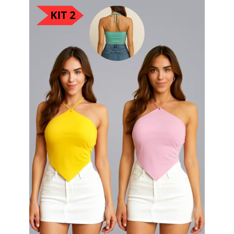 Kit Triangular Trifashion  Blusa Feminina Cropped Gola Amarração Costa Fechada  -  Varias Cores Primavera Verão