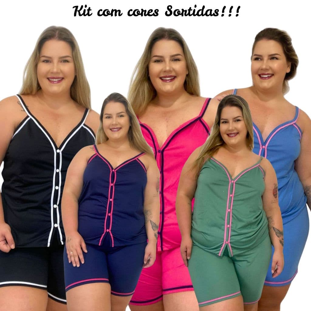 Kit 3 Baby Doll Plus Size Pijama Feminino Malha Cores Sortidas com Botões Amamentação Cirúrgico