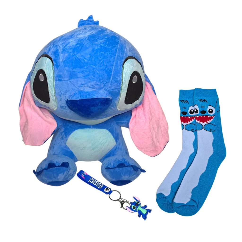 Pelúcia Stitch Grande 55cm Disney + Chaveiro + Par de Meias