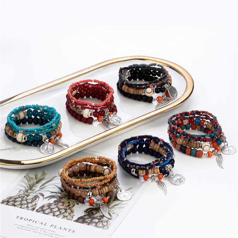5 Pcs/Conjunto Boêmia Multicamadas Pulseira Com Miçangas Feminina De Elástica De Cor Mista Moda