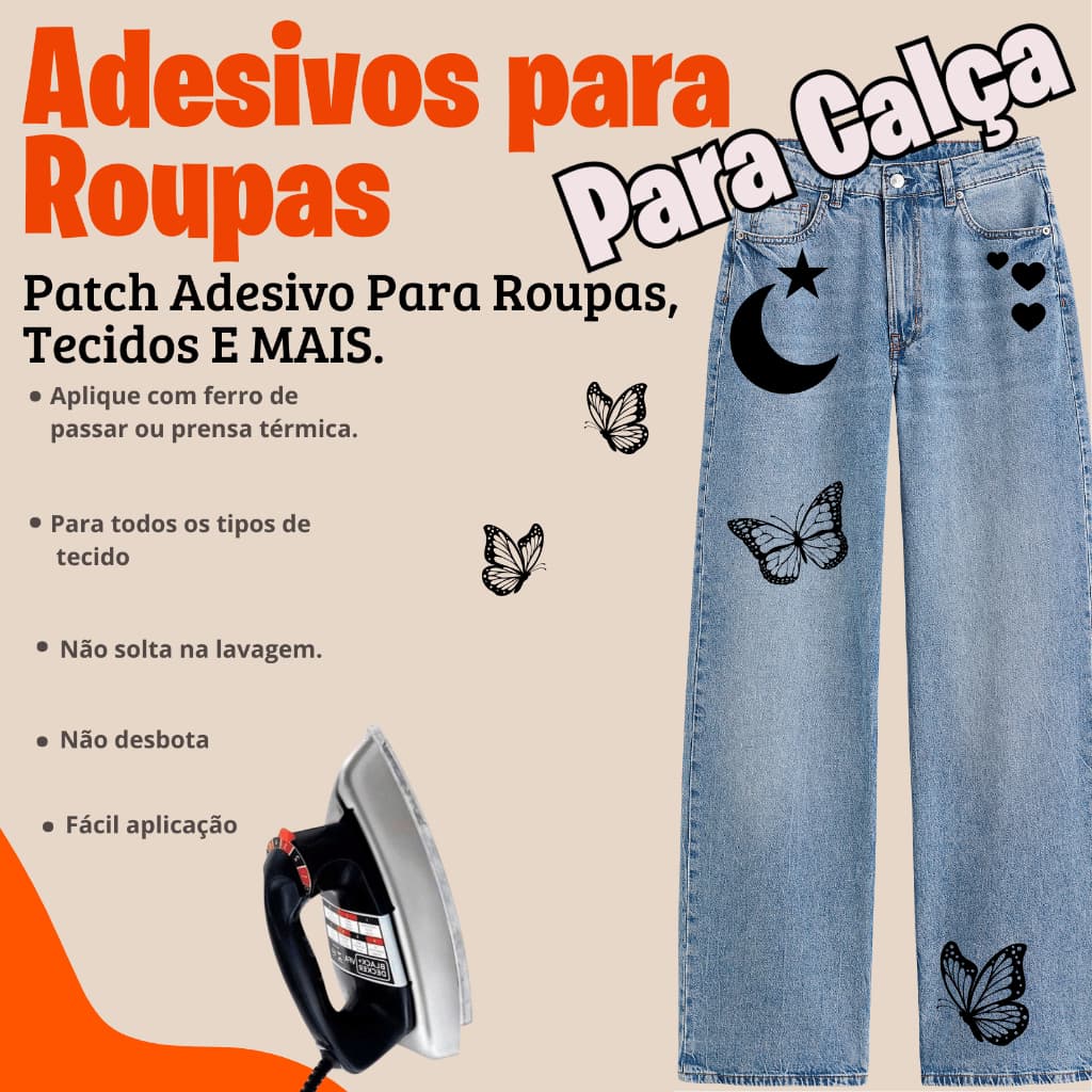 Adesivo Para Personalizar Calça Jeans - Apliques Patch Coração Estrela Lua Borboleta Fácil Aplicar com ferro de Passar