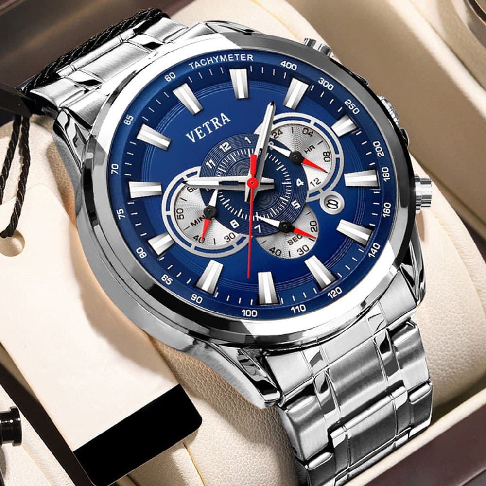 VETRA Relógio Masculino Original Relogio Luxo a Prova d Água Presente para Homem Aço Inoxidável Azul Preto W655