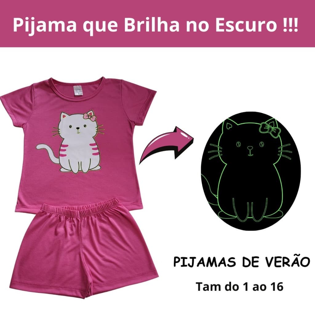 kit 3 Conjuntos Pijama de Verão Infantil Juvenil Menina Feminino Brilha no Escuro tamanho 1 ao 16