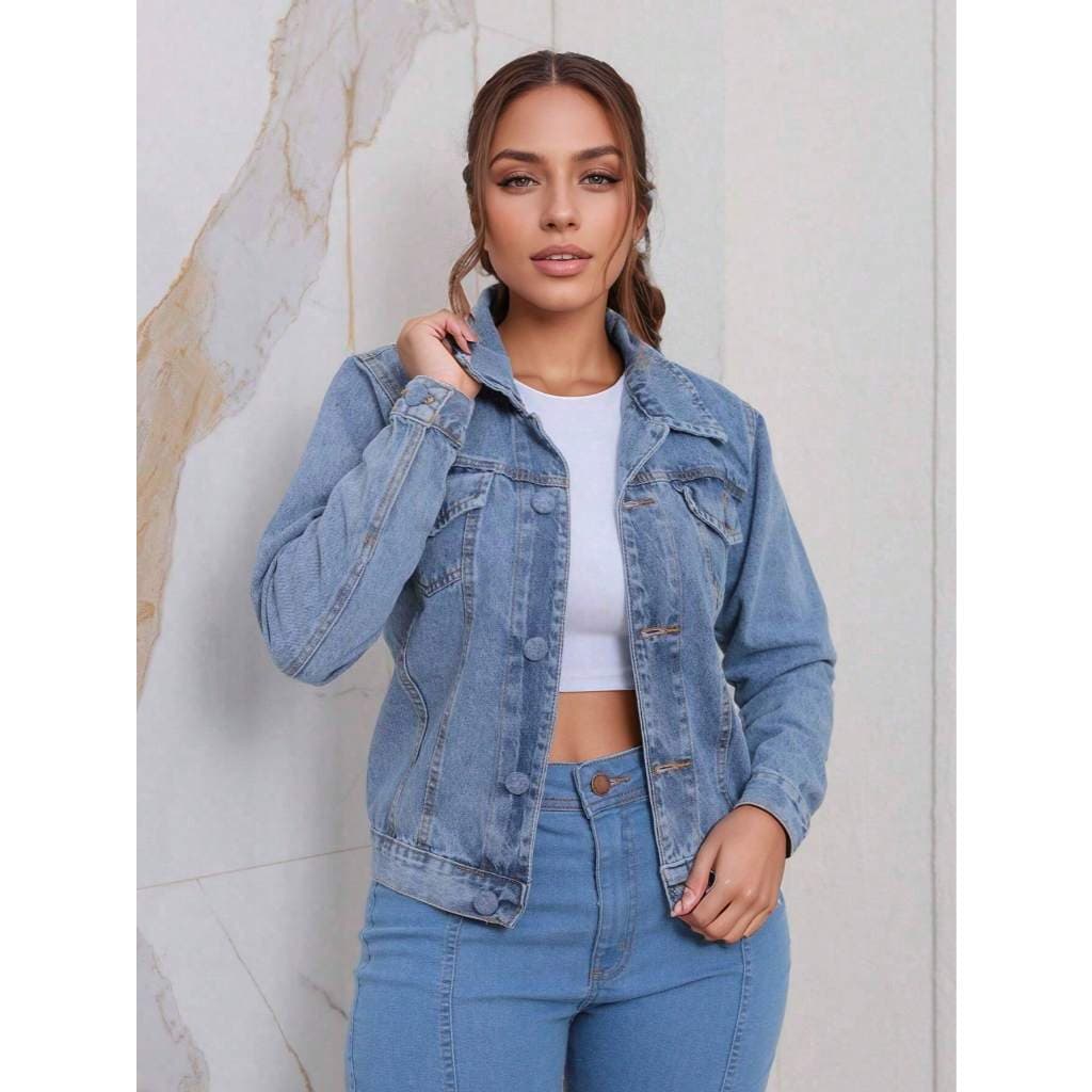 Jaqueta Jeans Feminina casaco manga longa Lavagem Clara botao ferro