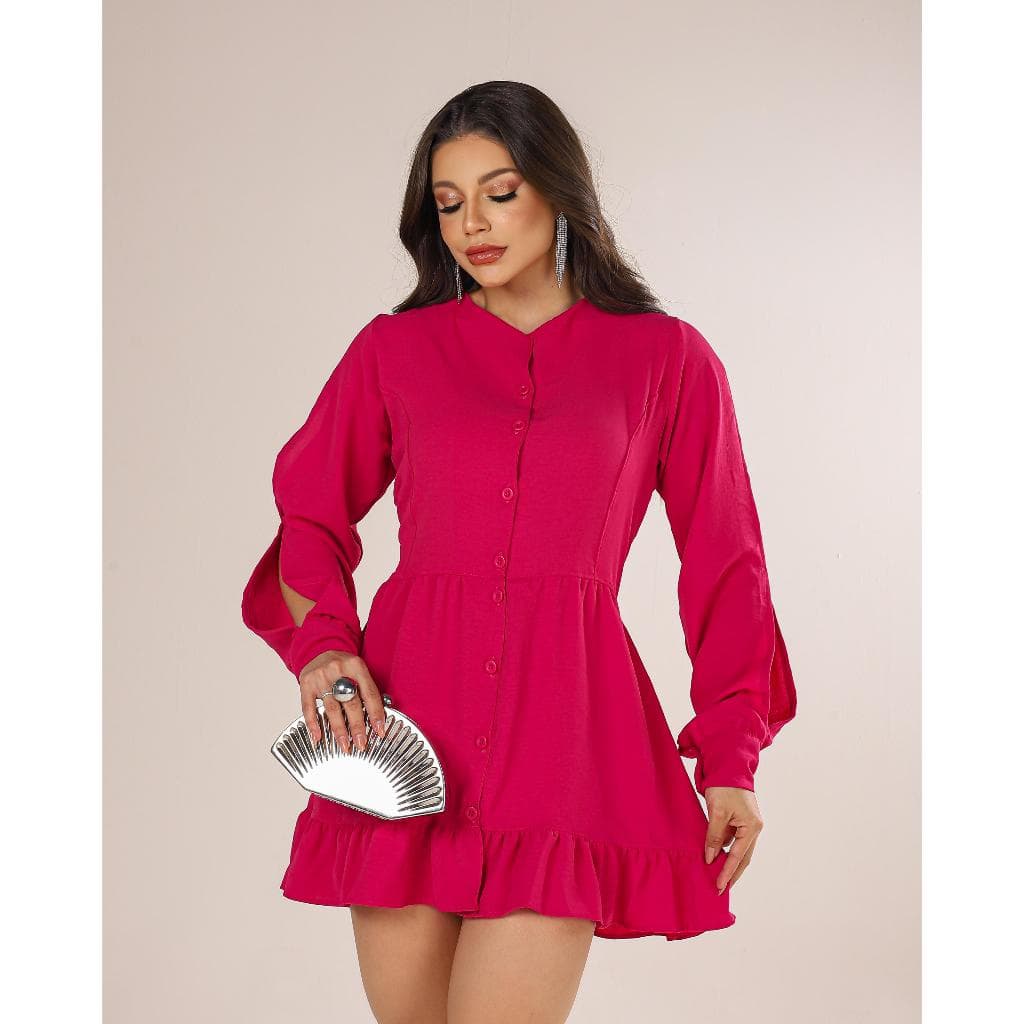 Vestido Chemise Mini Curto de Manga Aberta Rodado com Babado e Botões Rosa Verão Primavera Usar Aberto Saída de Banho