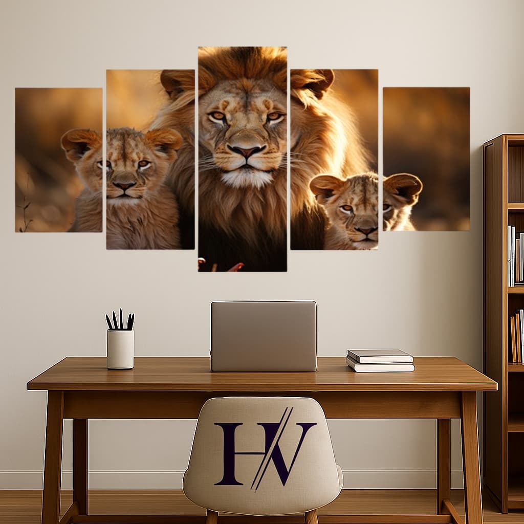 Quadro Decorativo Mosaico 5 Peças Familia De Leões Full HD