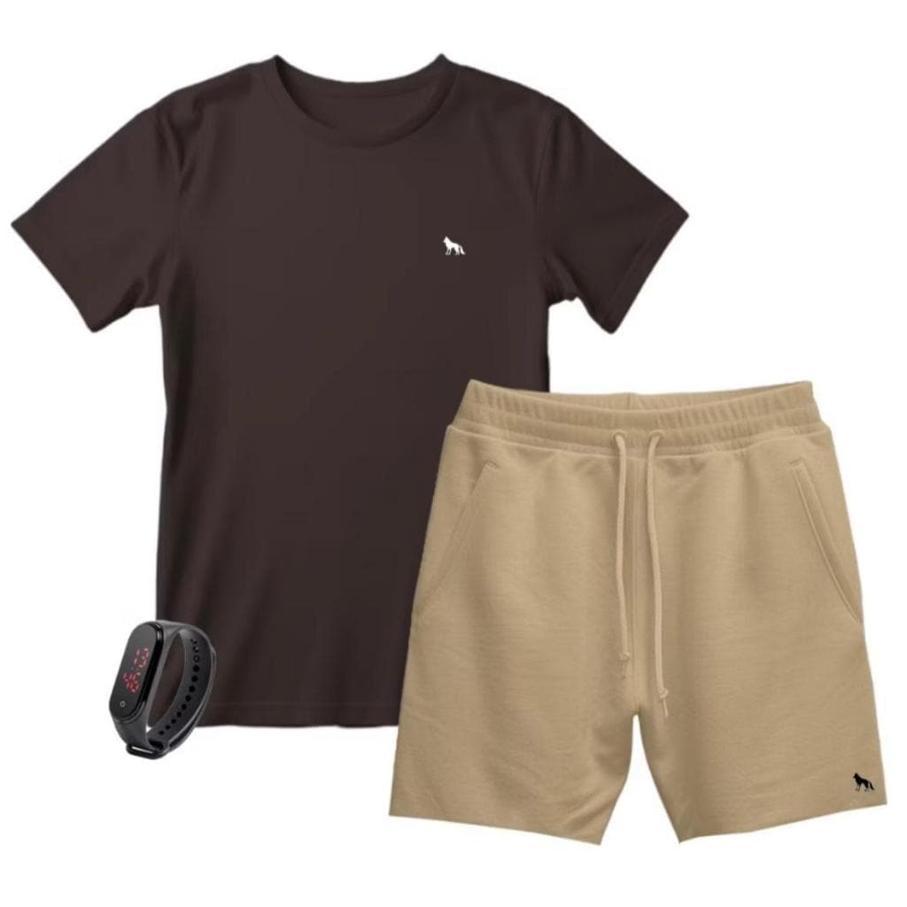 Kit Camiseta e Short Masculino Moletom + Relógio
