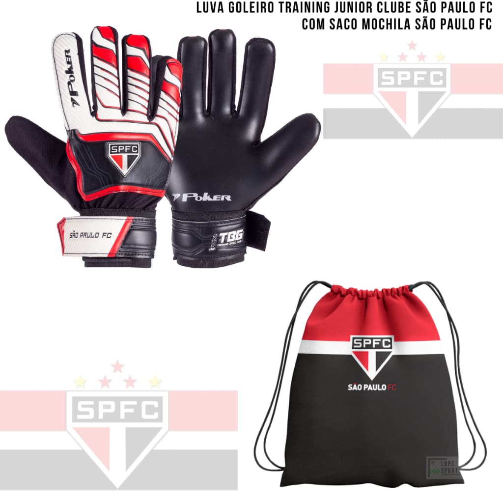 Kit Luva Goleiro Infantil São Paulo Futebol Clube Poker + Saco Mochila Futebol Futsal Fut7 Sintético