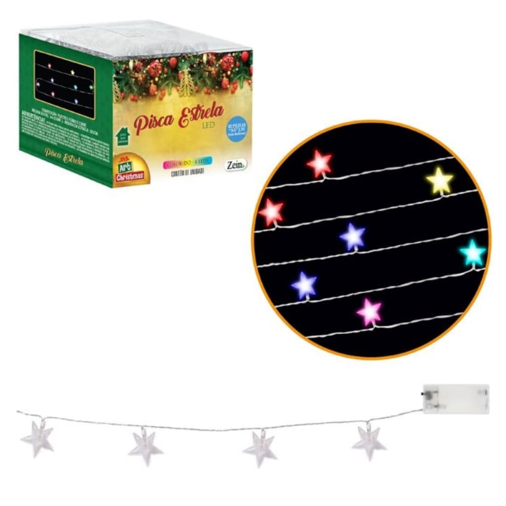 Enfeite Pisca Pisca Natal 8Led Estrela Colorida Enfeite Natal