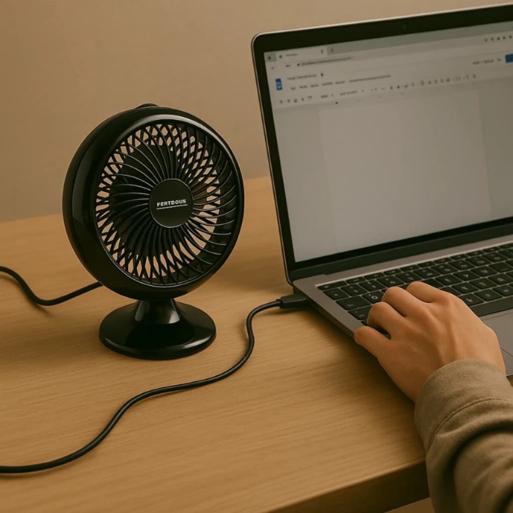 Mini ventilador de mesa redondo portátil com cabo USB preta silencioso compacto eficiente