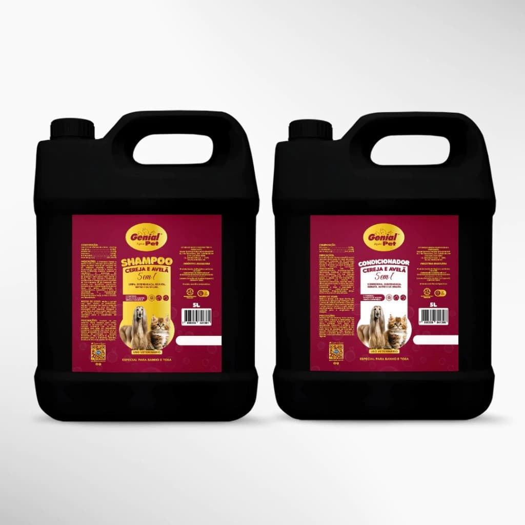 Kit Shampoo 5 em 1 + Condicionador Neutro Cereja e Avelã Para Cães e Gatos Genial 5 Litros
