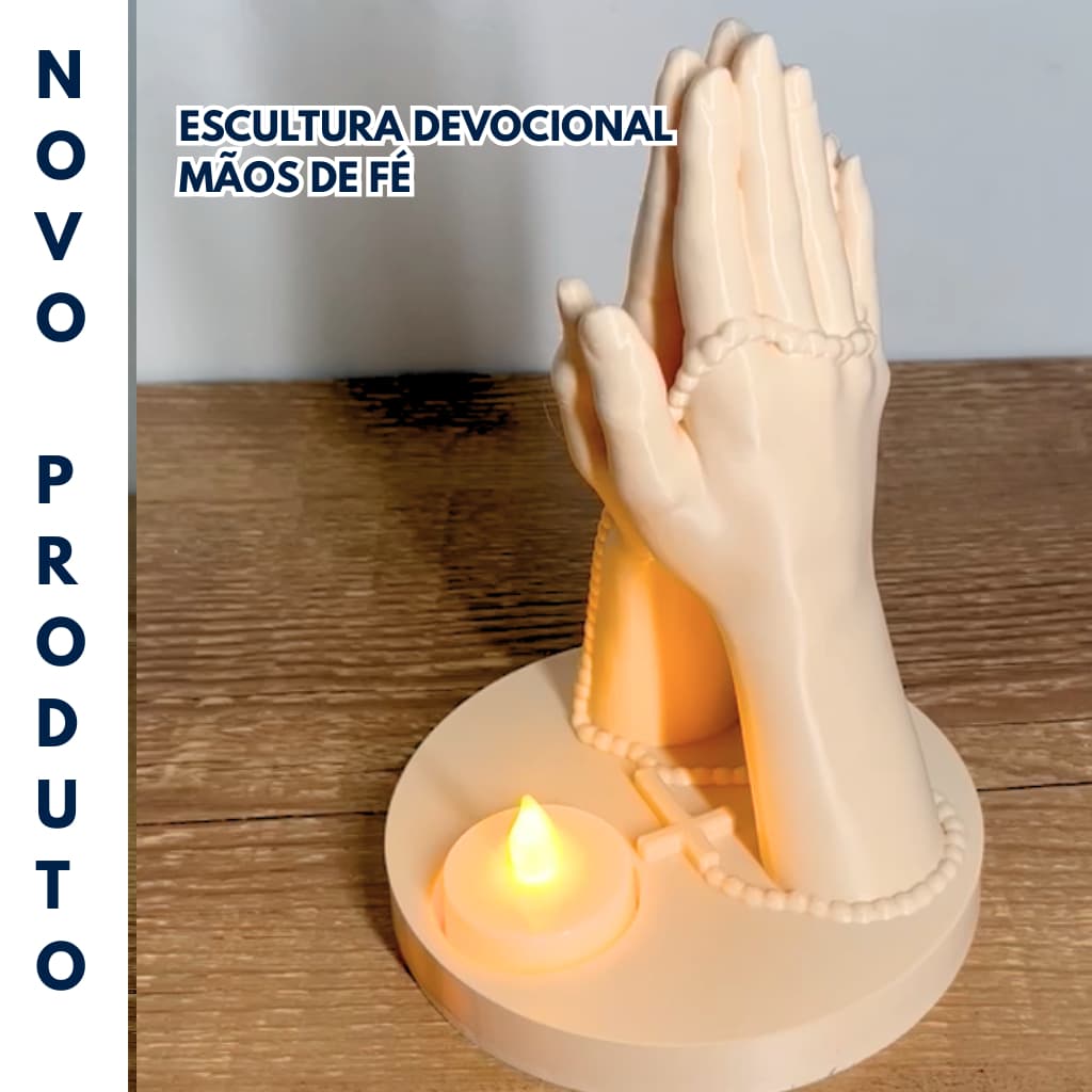Escultura Devocional Mãos de Fé - Vela LED Grátis