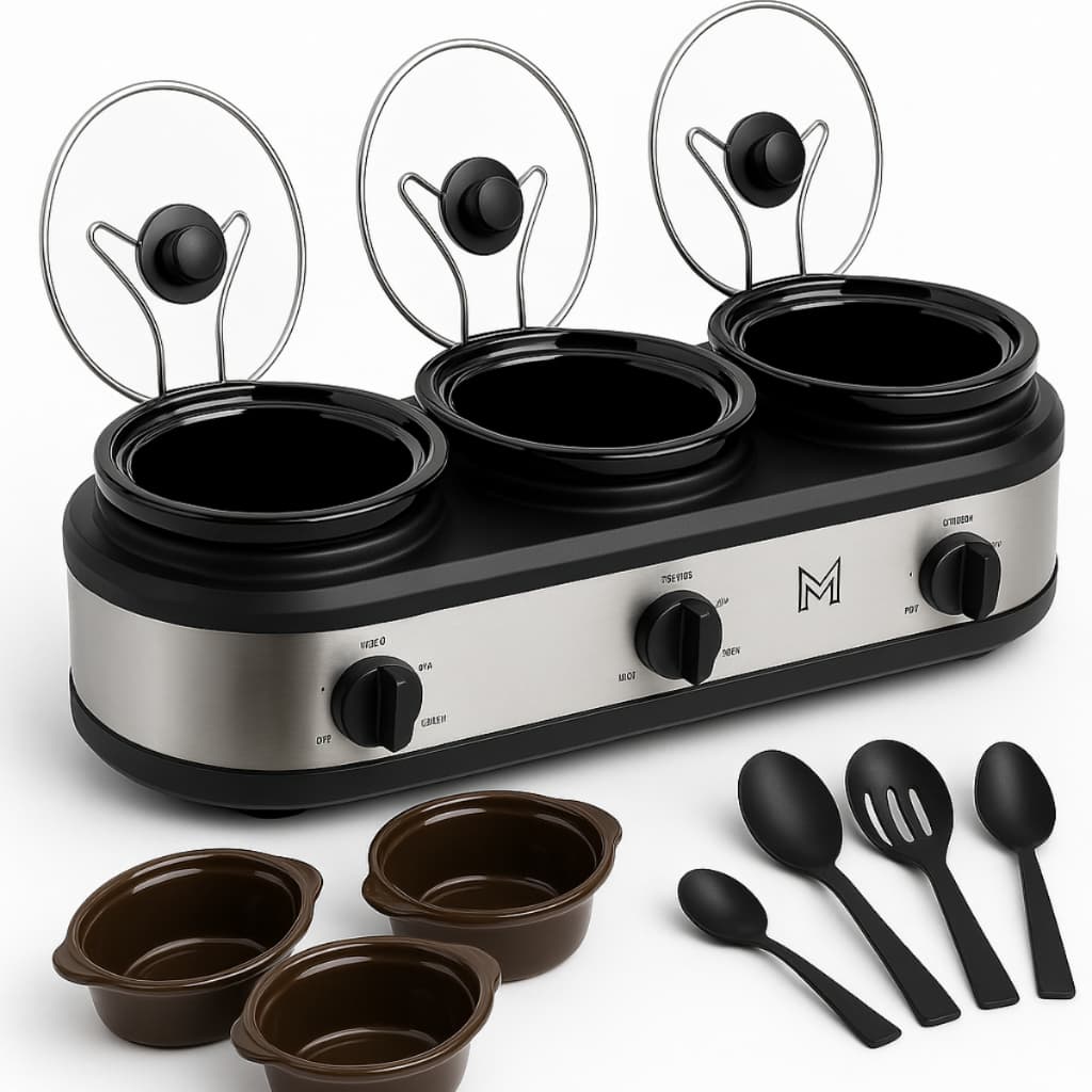 Rechaud Elétrico Triplo Buffet Richo Panela Ceramica Tampa Vidro Cozinha Lento Banho Maria Inox 127v 220v