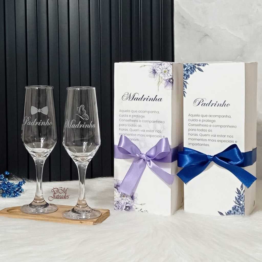 Kit Taças  Madrinha e Padrinho + Caixa Individual Presente Personalizado Casamento / Batismo