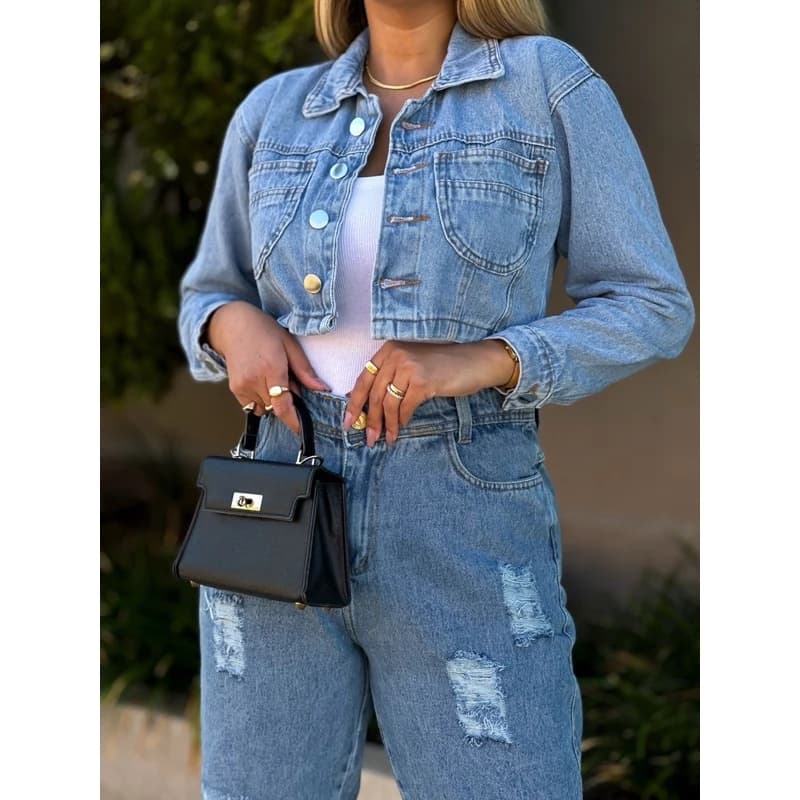 Jaqueta Jeans Feminina  feminina manga longa Linha Premium Moda