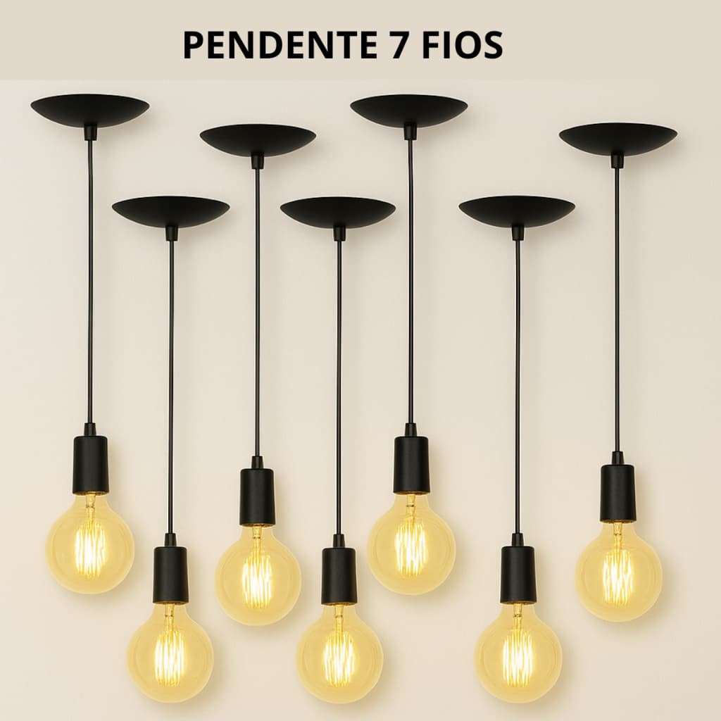 Kit 7 Pendente Fio Cabo Vintage Retrô Industrial Preto