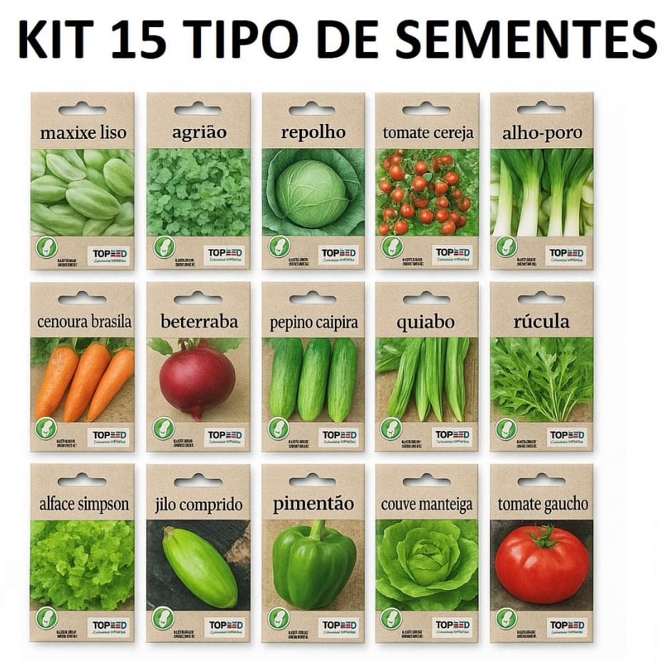 kit 15 Sementes Horta Maxixe Agriao Repolho Tomate Alho Cenoura Beterraba Pepino Quiabo Rucula Alface Jilo Couve Tomate