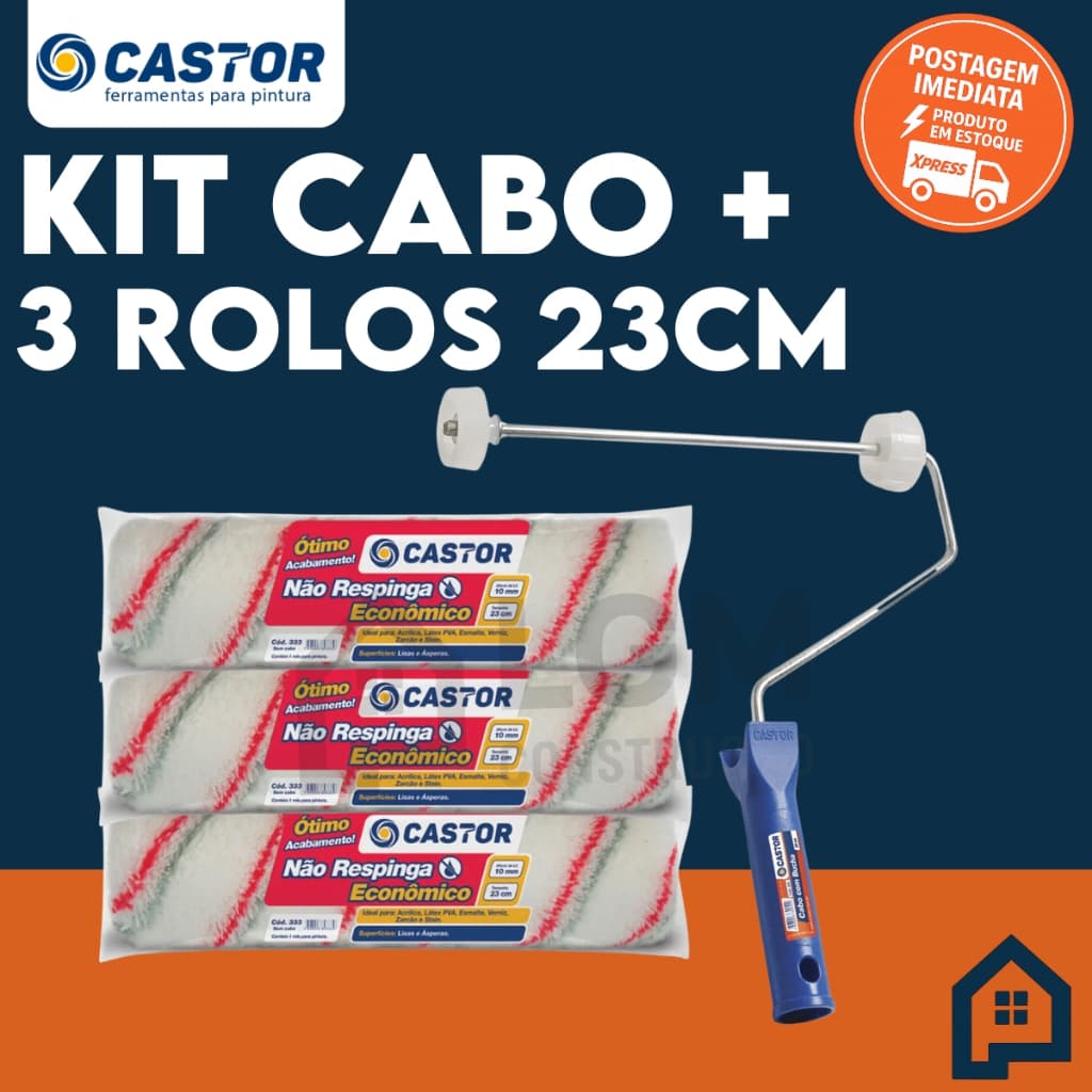 Kit 3 Rolos de Pintura Não Respinga  + 1 Cabo - Castor Economico 10MMx23CM c/c
