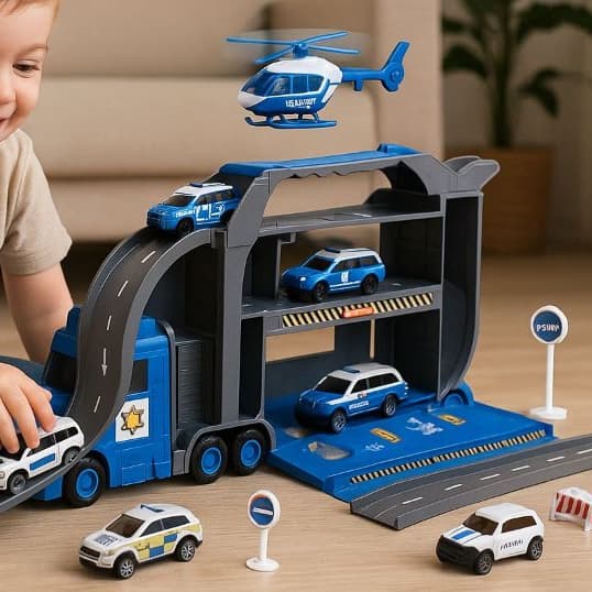 Caminhão Garagem Polícia Infantil com 5 Carrinhos e Helicóptero Maleta Portátil DMT7074