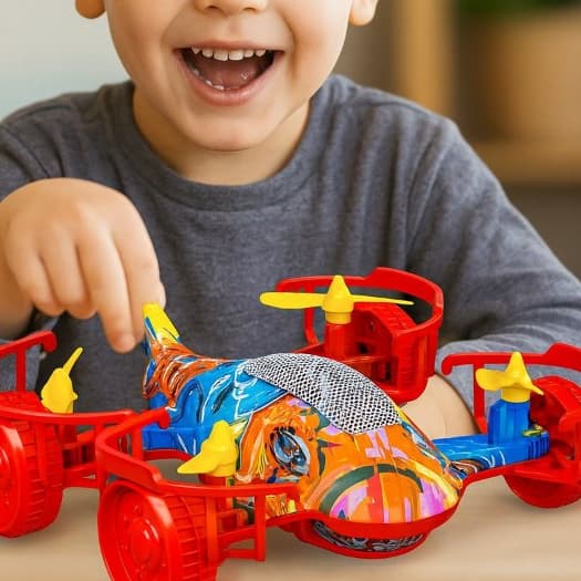 Brinquedo Infantil Avião Tubarão Gira 360° – Hélices, Iluminação LED, Movimentos Acrobáticos – DM Toys