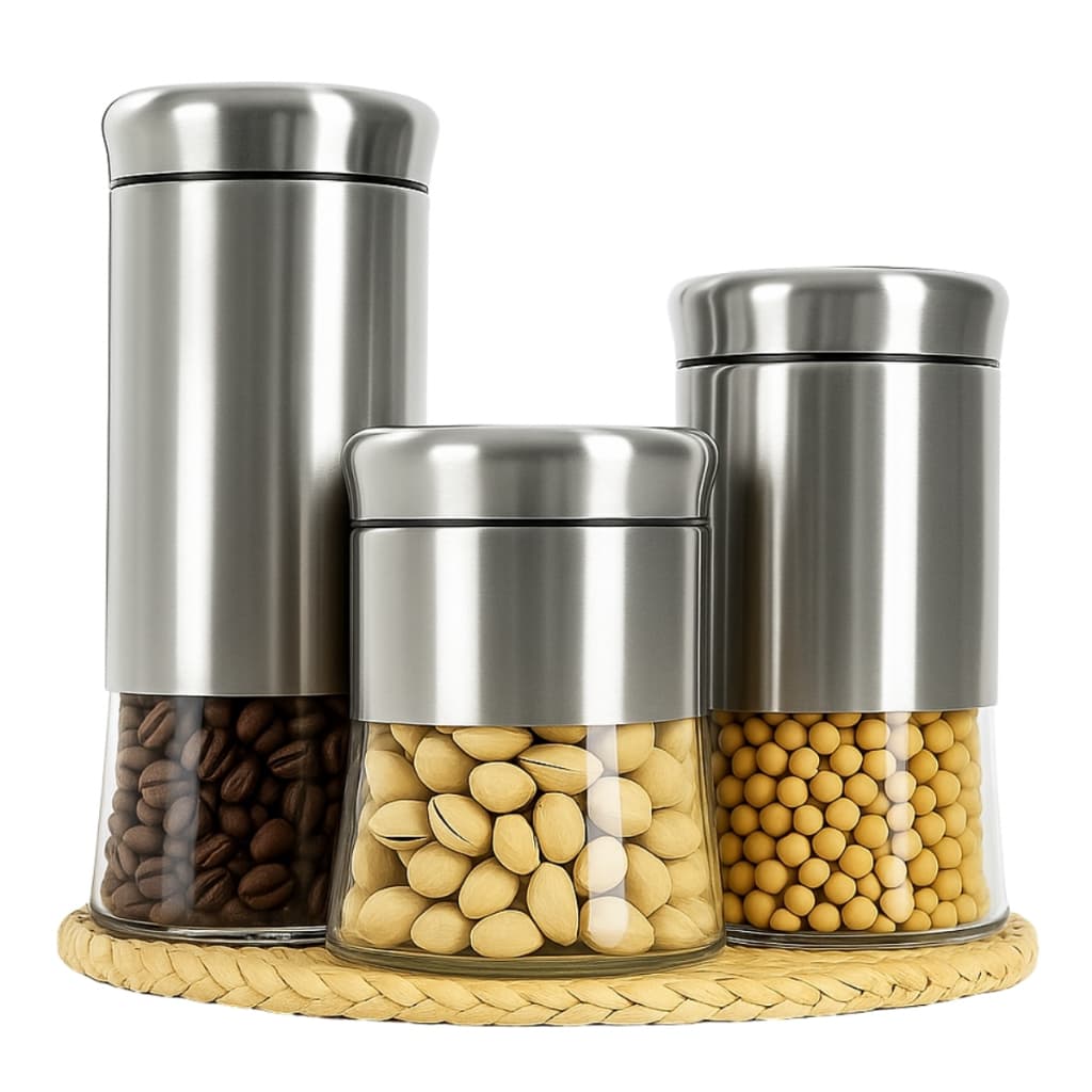 Conjunto Potes Herméticos de Vidro Tampa Inox em 3 Tamanhos Cozinha Antivazamento
