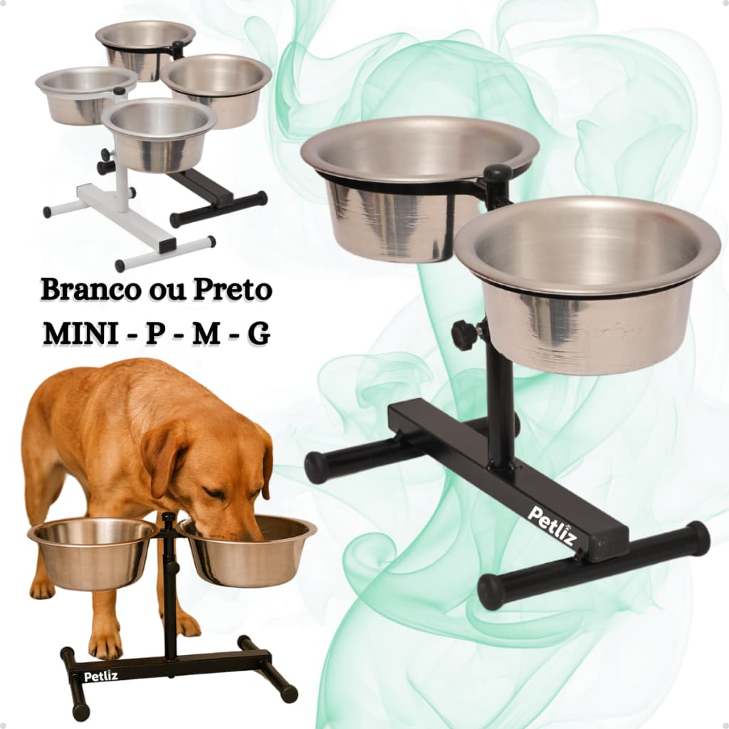 Comedouro Duplo Elevado Alto Ajustável Regulável pra Cachorro P, M, G e Mini Gatos/Filhotes - Petliz