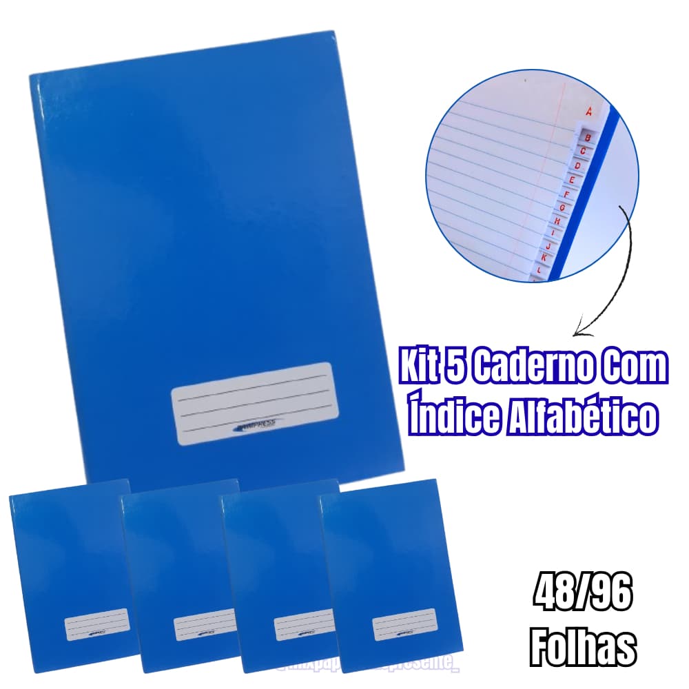 Kit 5 Caderno com Índice Alfabético Brochura 1/4 Office Class