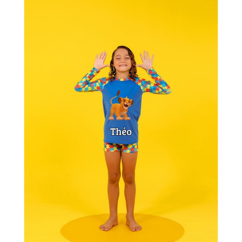 Conjunto Autismo UV50+ Juvenil Masculino Personalizado Praia Piscina Camisa + Sunga Personalizado