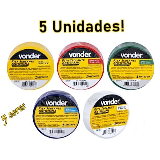 Kit com 5 fitas isolantes coloridas 19mm x 10 metros Vonder