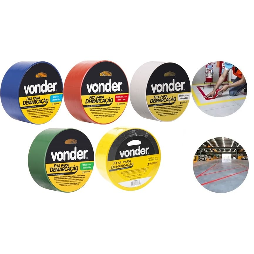 Fita Adesiva para Demarcação de Solo 48mm x 30m Amarelo Azul Branca Verde Vermelha Vonder