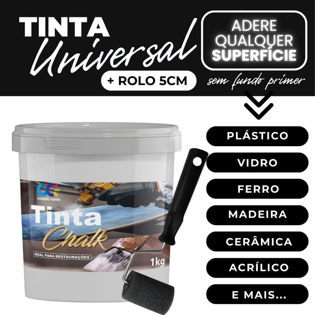Tinta Chalk Universal Restauradora de Móveis, PVC, Alumínio, Madeira, Plástico, Ferro + Rolo de 5cm