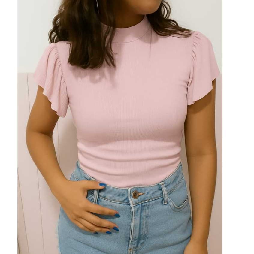 Blusa Feminina Gola Alta Baby Tee Blusinhas Manga Curta Cropeed  Básica