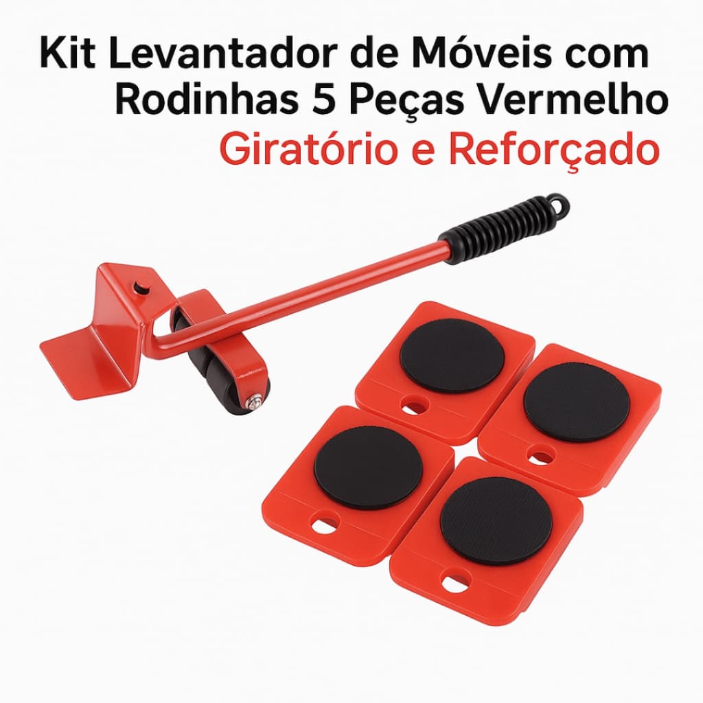Kit Levantador de Móveis com Rodinhas 5 Peças Vermelho - Giratório e Reforçado
