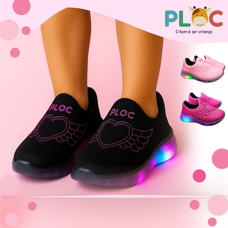 Tênis Infantil LED  Menina PLOC - Coração Alado