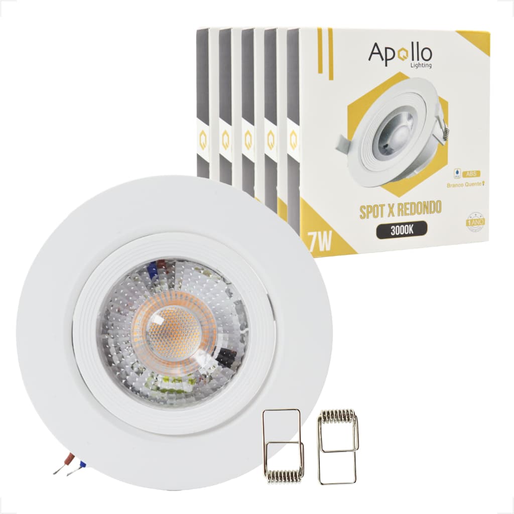 Kit Spot Led 7w Embutir Redondo Branco Quente 3000K IP20 Iluminação Direcionável