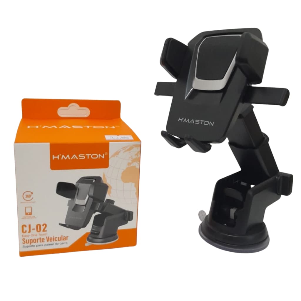 Suporte Veicular H-Maston CJ-02 com Trava Automática – Para Painel/Vidro, Ventosa e trava antiqueda