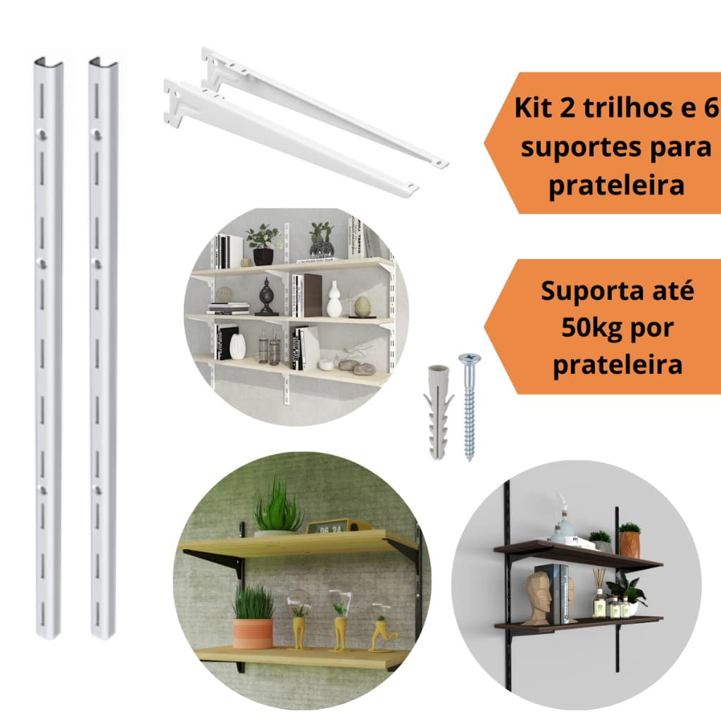 Kit Prateleira Parede 2 Trilhos 1m e 6 Suportes com Aba Estante Cremalheira 20cm 25cm 30cm 35cm 40cm