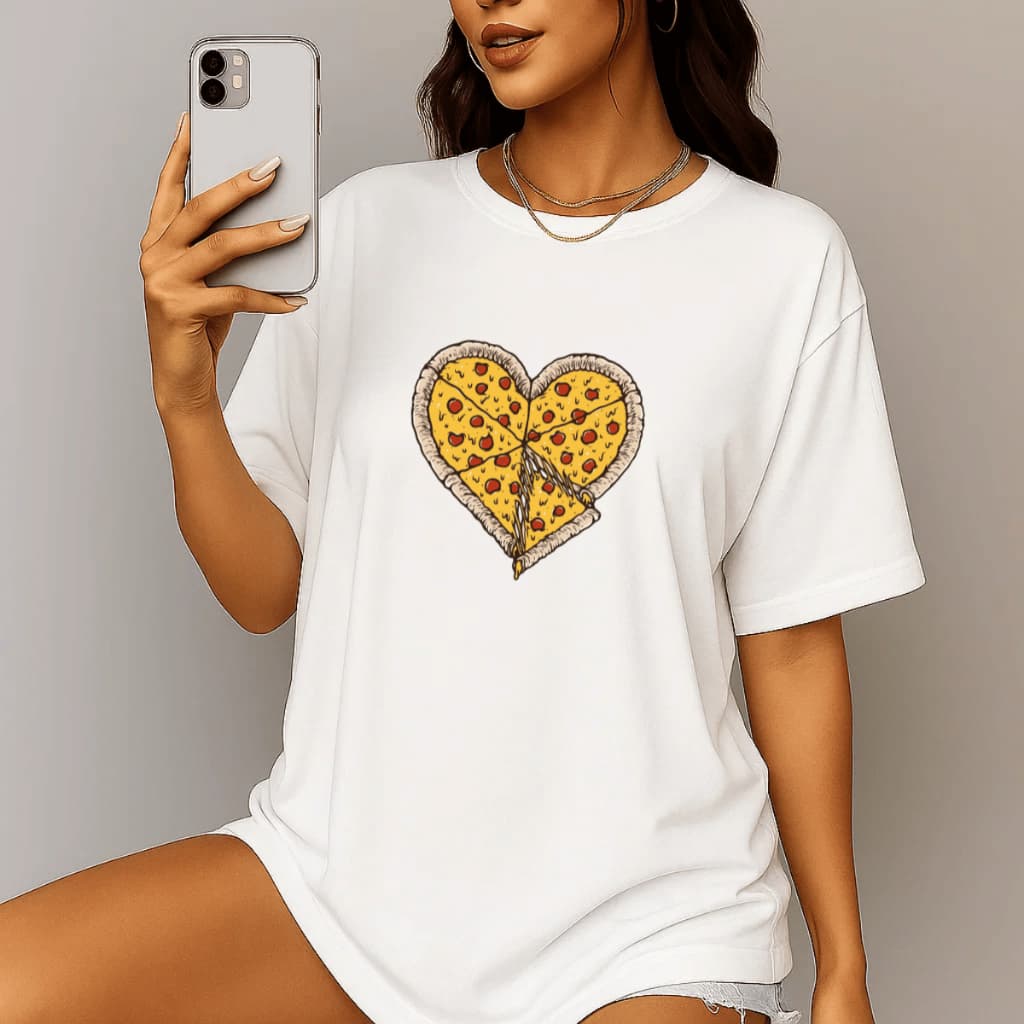 Camiseta Feminina Confortável Estilo Único Estampada Coração E Pizza