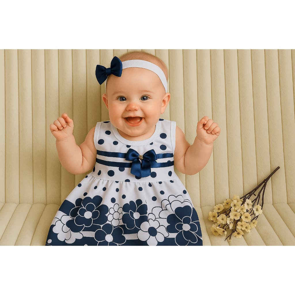 Vestido Bebê Menina Recém-Nascida Estampa Floral e Poá com Laço Look Charmoso  Mesversário Festas