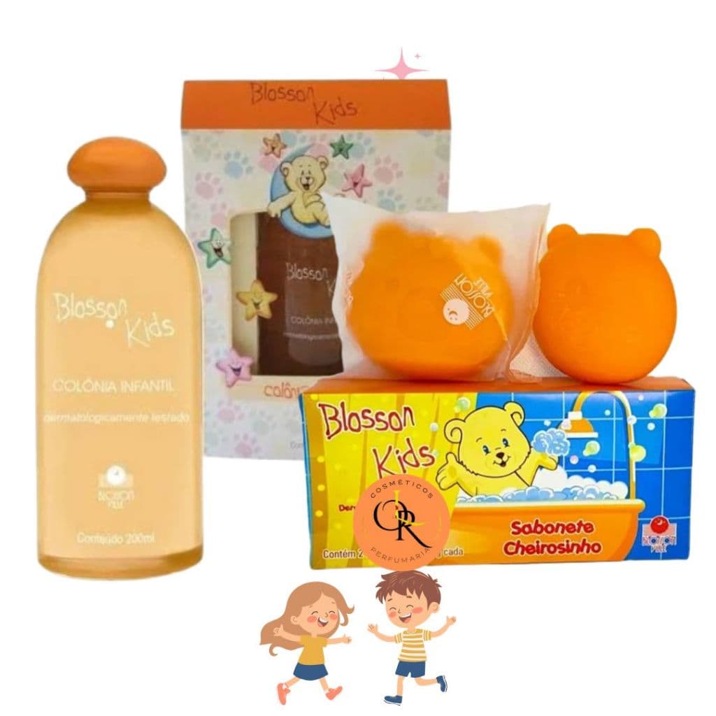 Colônia Infantil Blossonkids laranjinha original 200ml+Caixa com 2 sabonetes BlossonKids de 80g cada