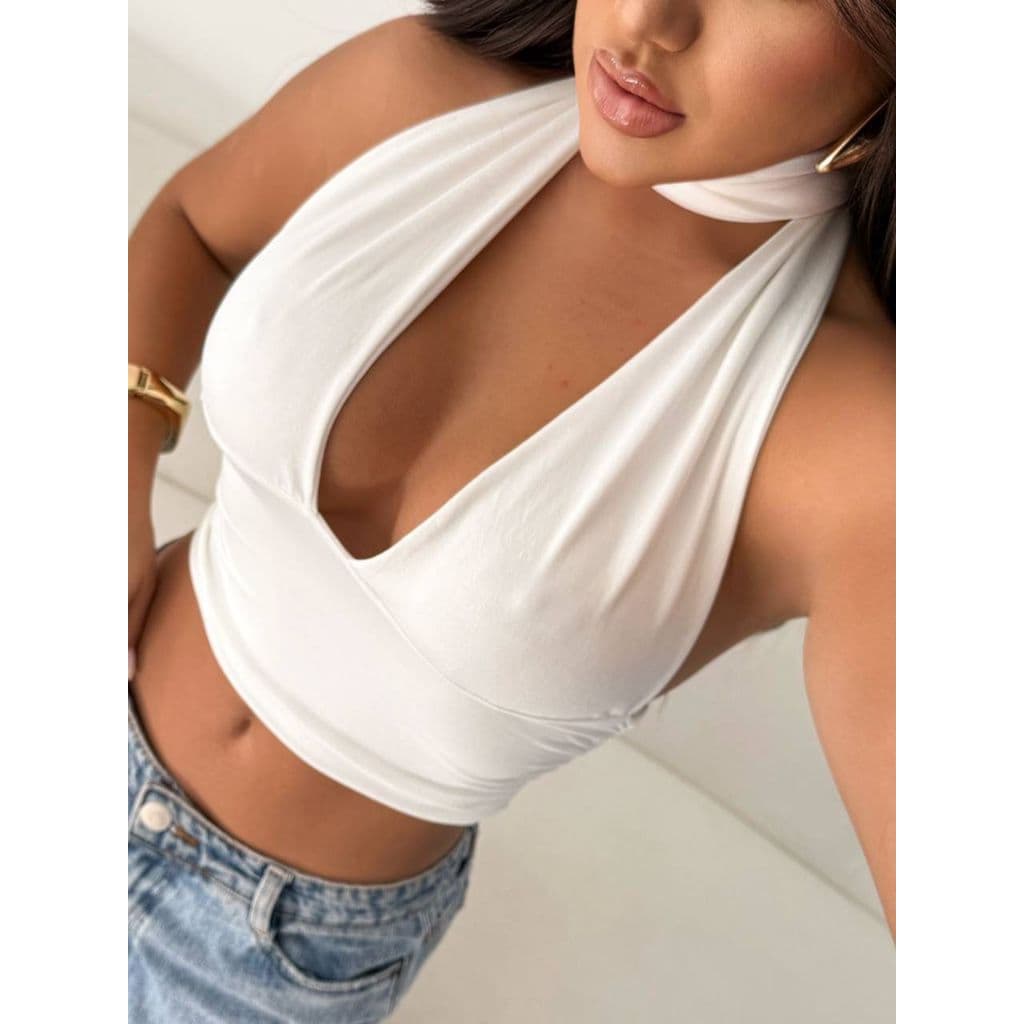 Blusinha Básica Top Cropped Gringa Multiformas Virginia Alça Ajustável Amarração Nuca Sem Bojo