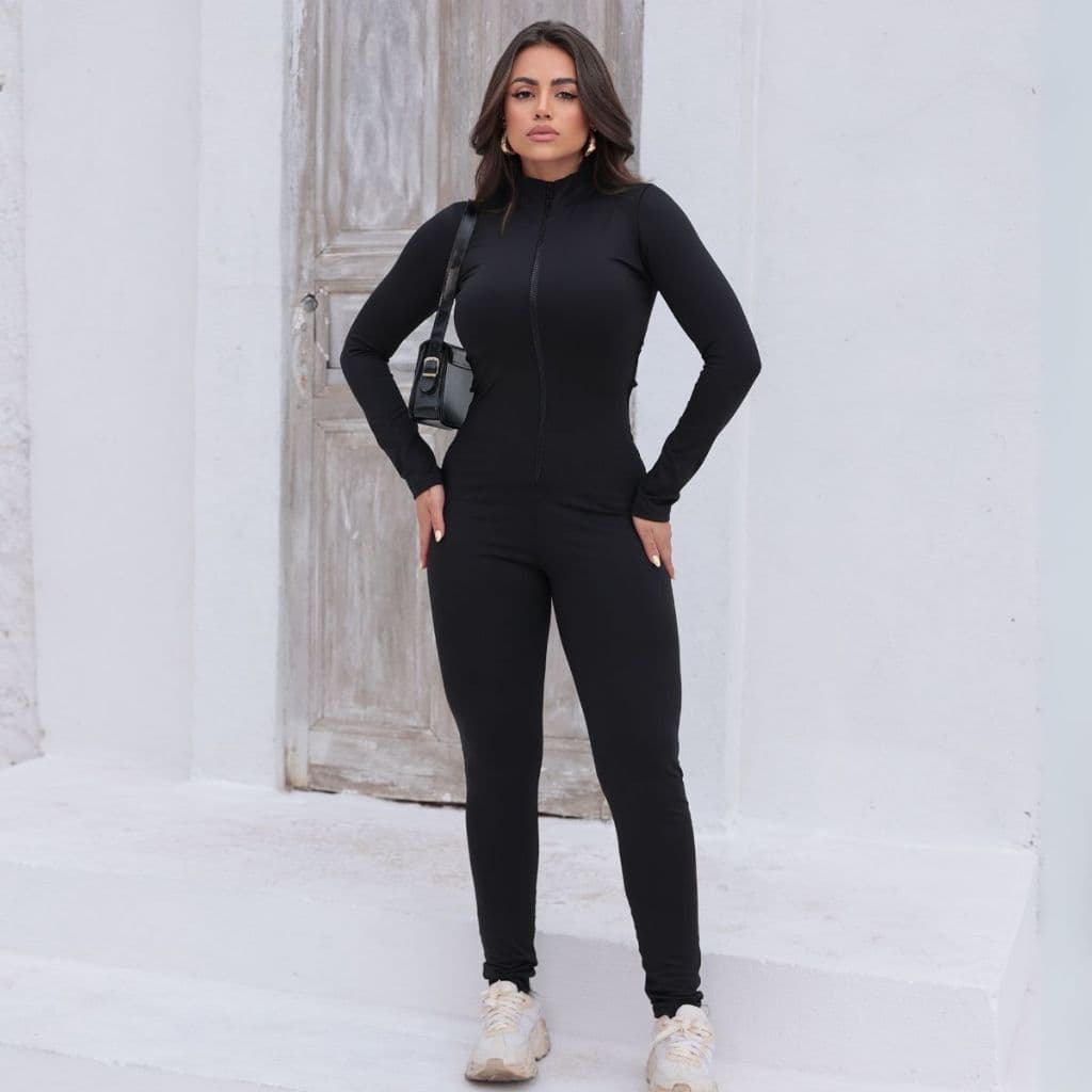 Macacão Feminino Longo Com Ziper Moda Gringa Balada Blogueira Suplex Gringo Fitnes Academia