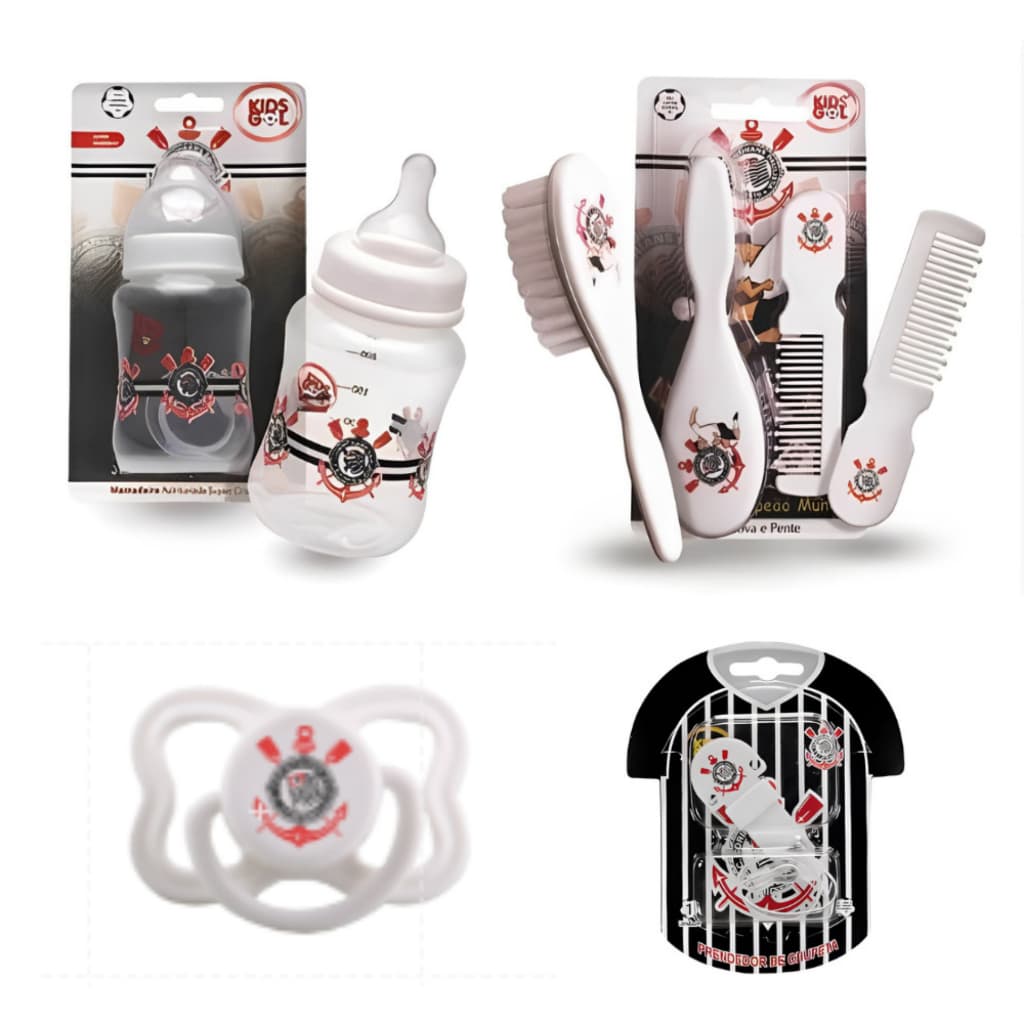 Kit infantil times (Chupeta tam1- Prendedor - Mamadeira 260ml - Pente e escova) Kids Gol